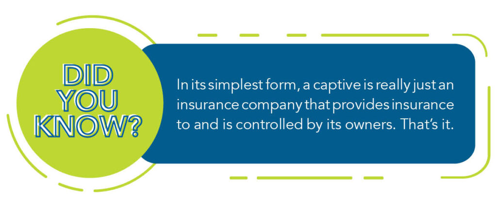 A green and blue graphic that reads "Did you know? In its simplest form, a captive is really just an insurance company that provides insurance to and is controlled by its owners. That's it."