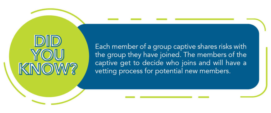 A green and blue graphic that reads "Did you know? Each member of a group captive shares risks with the group they have joined. The members of the captive get to decide who joins and will have a vetting process for potential new members."